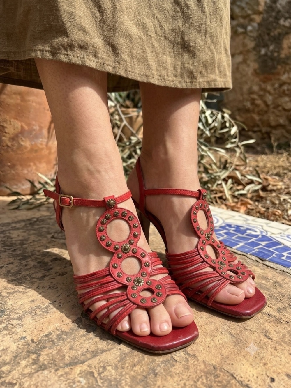Dior Red Studded Strappy Open-Toe Heels 36.5